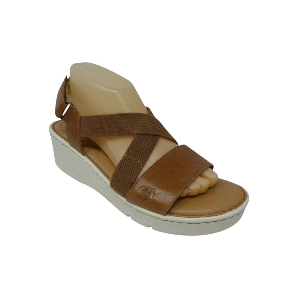 Born Paley Brown Leather Open Toe Platform Wedge Sandals Womens 10